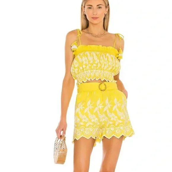 Anthro Place Nationale Yellow Linen Embroidered Shorts L
